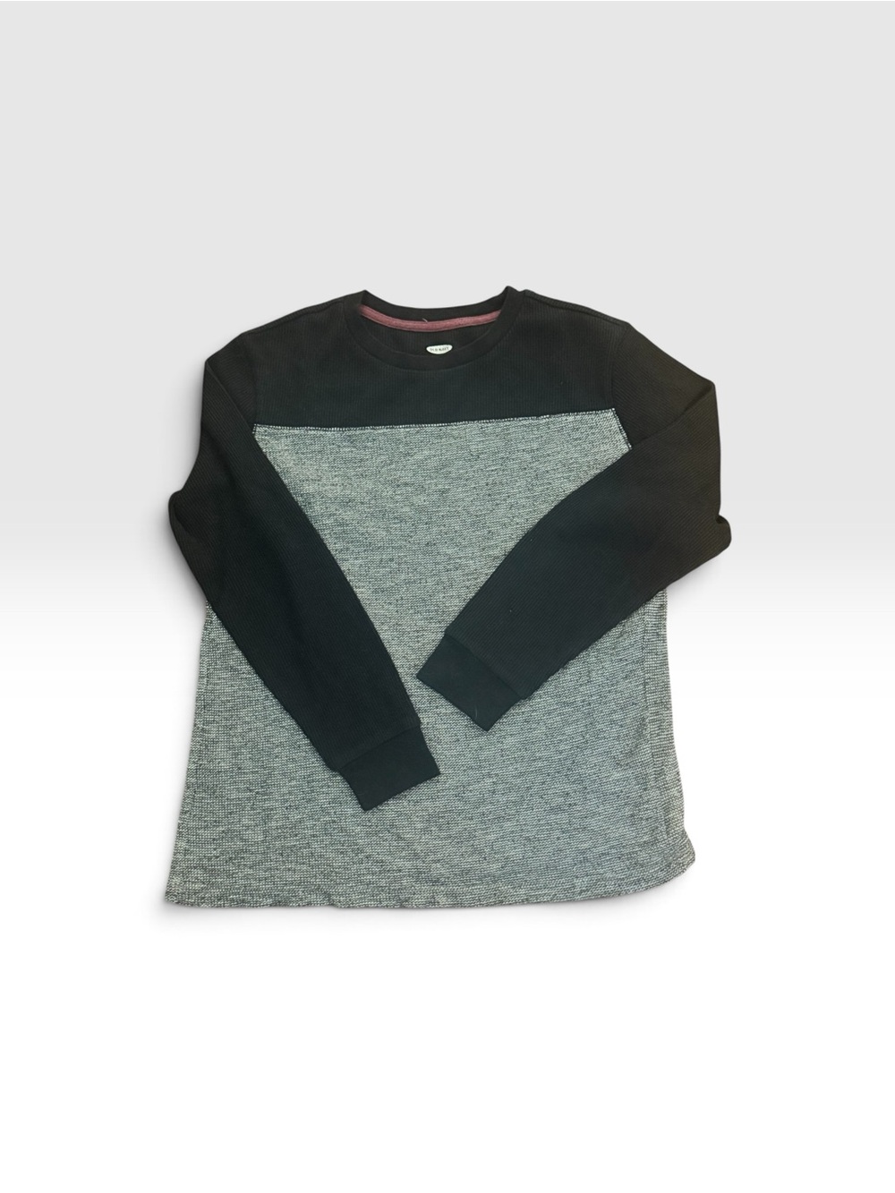 Old Navy Boys Black and Gray Colorblock Long Sleeve Henley Ribbed Tee